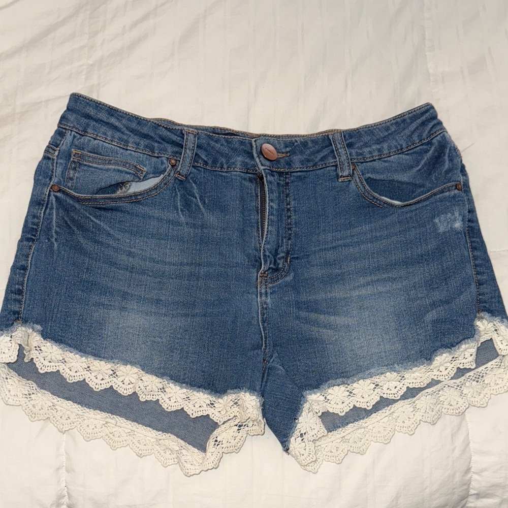 Tinsel Blue Denim Shorts with White Lace Trim